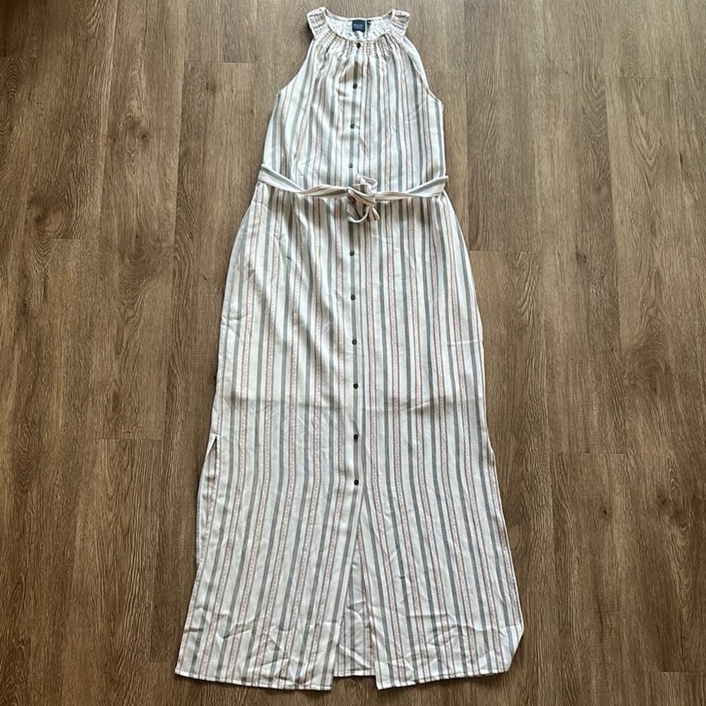Kaari Blue High Neck Sleeveless Maxi Dress Cream Black‎ & Pink Striped XS